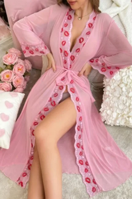 Kiss Me Sheer Mesh Lace Trim Long Robe – Pink