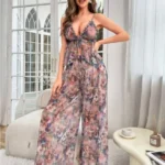 Floral Printed Tie Front Mesh Pajama Set With Spaghetti Strap Tank Top And Pants