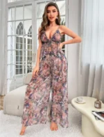 Floral Printed Tie Front Mesh Pajama Set With Spaghetti Strap Tank Top And Pants - Image 3