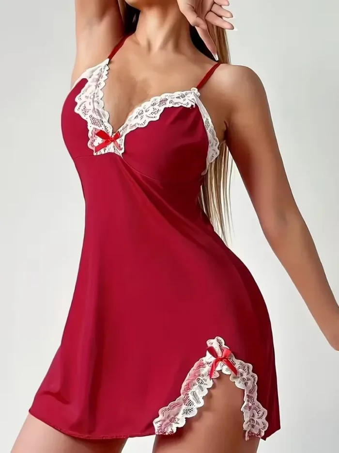 Lace Trim Hip-Hugging Side Slit Chemise Nightgown - Image 11