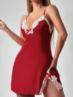Lace Trim Hip-Hugging Side Slit Chemise Nightgown - Image 12