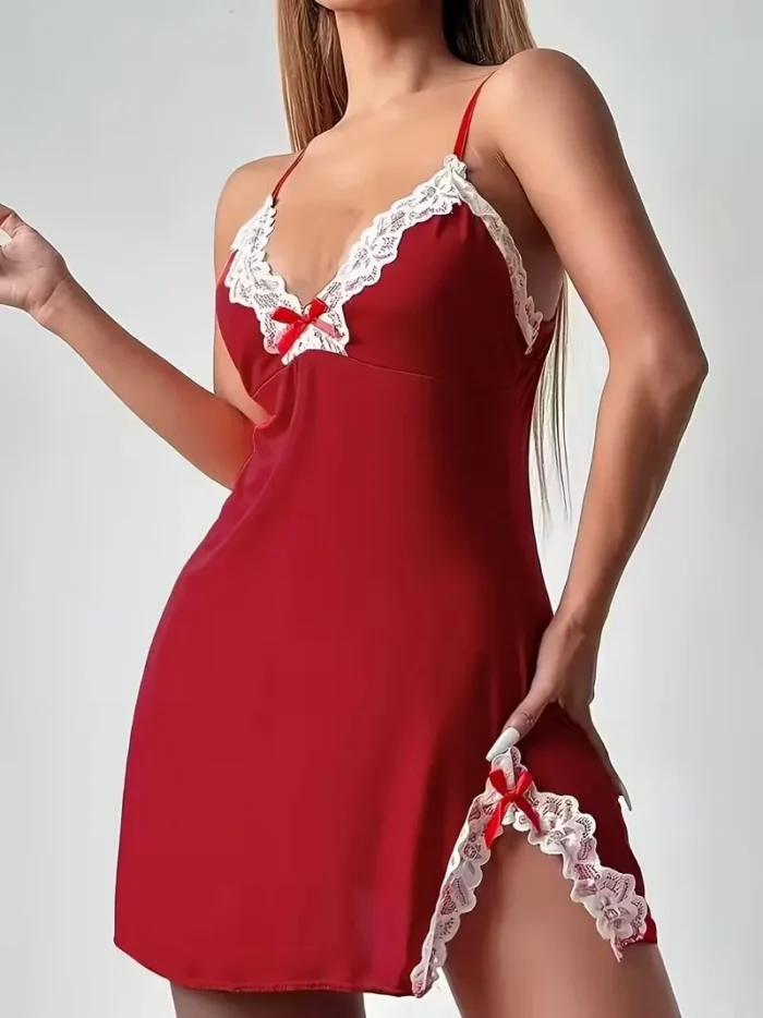 Lace Trim Hip-Hugging Side Slit Chemise Nightgown - Image 12