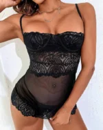 Crochet Lace Sheer Mesh Babydoll with Spaghetti Straps and Panty - Black - Image 3