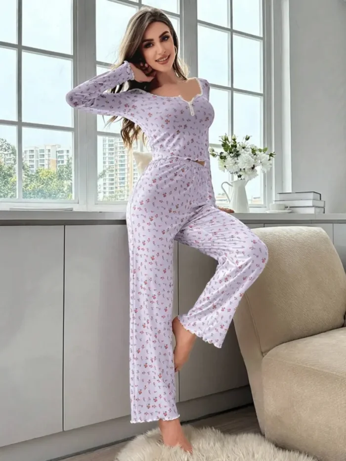Two-Piece Floral Print Long Sleeve & Pants Pajama Set - Image 3