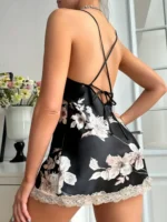 Sexy Criss Cross Backless Silk Satin Slip Dress – Lace Trim V Neck Split Thigh Nightgown Loungewear - Image 35