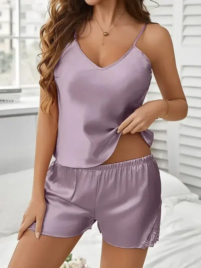 Satin Lace-Trim Cami Shorts Pajamas Set - Image 23
