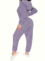 Cozy Fuzzy Hooded Onesie Pajamas for Women – Long Sleeve Zip Up Jumpsuit Sleepwear - Image 3