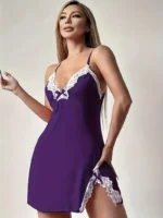 Lace Trim Hip-Hugging Side Slit Chemise Nightgown - Image 23