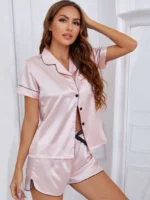 Two-Piece Satin Silk Short Sleeve Top & Shorts Women's Pajama Set - Image 23