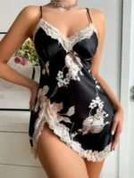 Sexy Criss Cross Backless Silk Satin Slip Dress – Lace Trim V Neck Split Thigh Nightgown Loungewear - Image 36