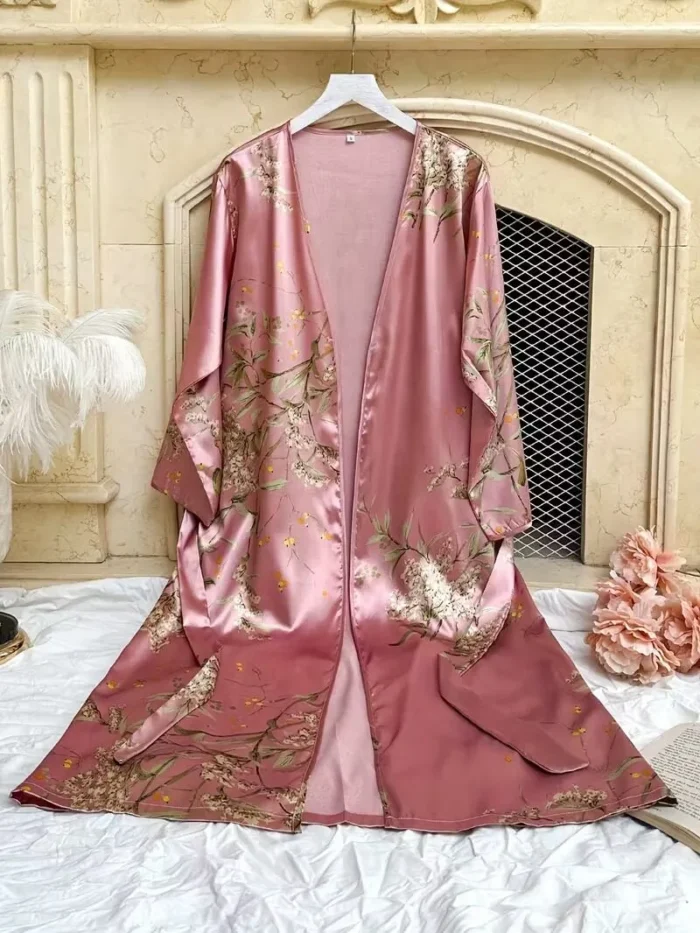 Floral Print Satin Robe with V-Neck and Belt - Image 24