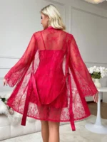 Lace Robe And Satin Slip Dress Sleepwear Set Pajama Set - Image 25