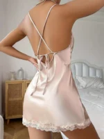 Sexy Criss Cross Backless Silk Satin Slip Dress – Lace Trim V Neck Split Thigh Nightgown Loungewear - Image 3