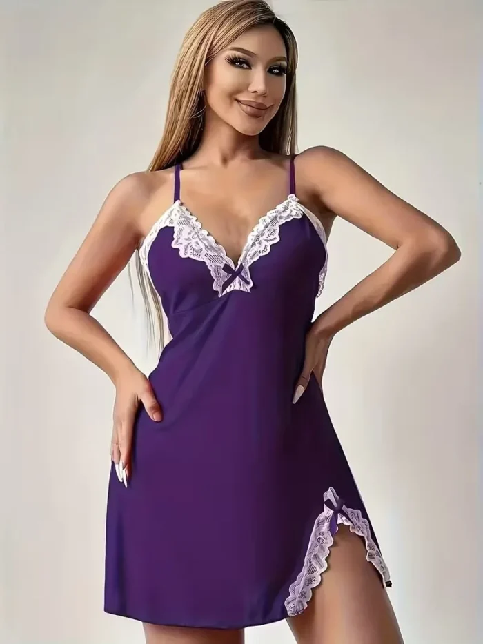 Lace Trim Hip-Hugging Side Slit Chemise Nightgown - Image 25