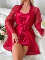 Lace Robe And Satin Slip Dress Sleepwear Set Pajama Set - Image 28
