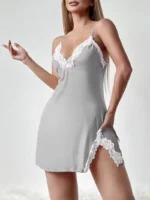 Lace Trim Hip-Hugging Side Slit Chemise Nightgown - Image 28