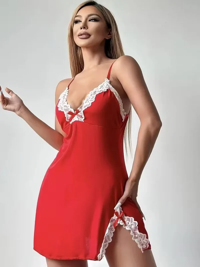 Lace Trim Hip-Hugging Side Slit Chemise Nightgown - Image 20