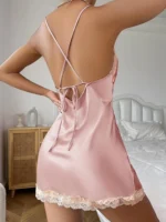 Sexy Criss Cross Backless Silk Satin Slip Dress – Lace Trim V Neck Split Thigh Nightgown Loungewear - Image 7