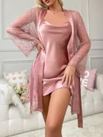 Lace Robe And Satin Slip Dress Sleepwear Set Pajama Set - Image 31