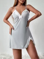 Lace Trim Hip-Hugging Side Slit Chemise Nightgown - Image 31