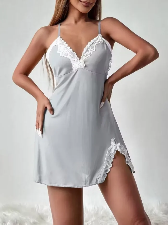 Lace Trim Hip-Hugging Side Slit Chemise Nightgown - Image 31