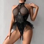 Latex Teddy Babydolls Leather Fishnet See-Through Teddy Lingerie Zip Crotch Bodysuits - Image 4