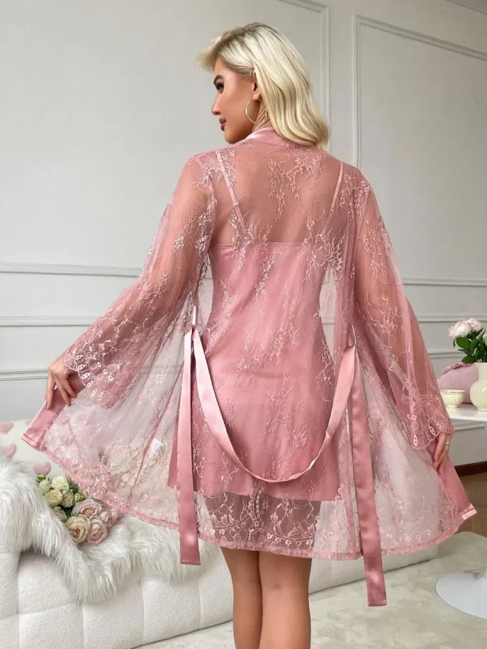 Lace Robe And Satin Slip Dress Sleepwear Set Pajama Set - Image 32