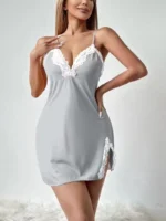 Lace Trim Hip-Hugging Side Slit Chemise Nightgown - Image 32