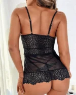 Crochet Lace Sheer Mesh Babydoll with Spaghetti Straps and Panty - Black - Image 4
