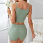 Lace Trim Ribbed Cami Top & Shorts Pajama Set - Image 4