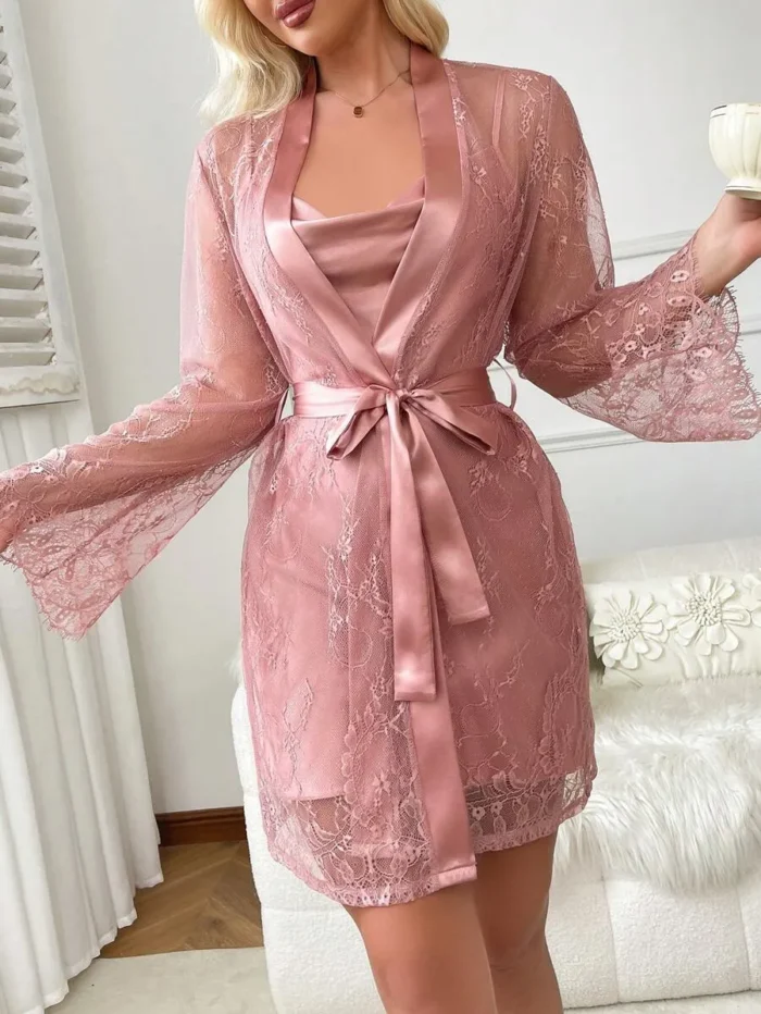 Lace Robe And Satin Slip Dress Sleepwear Set Pajama Set - Image 33