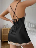 Sexy Criss Cross Backless Silk Satin Slip Dress – Lace Trim V Neck Split Thigh Nightgown Loungewear - Image 11