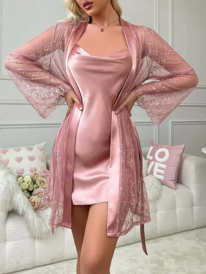 Lace Robe And Satin Slip Dress Sleepwear Set Pajama Set - Image 36