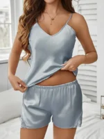 Satin Lace-Trim Cami Shorts Pajamas Set - Image 36
