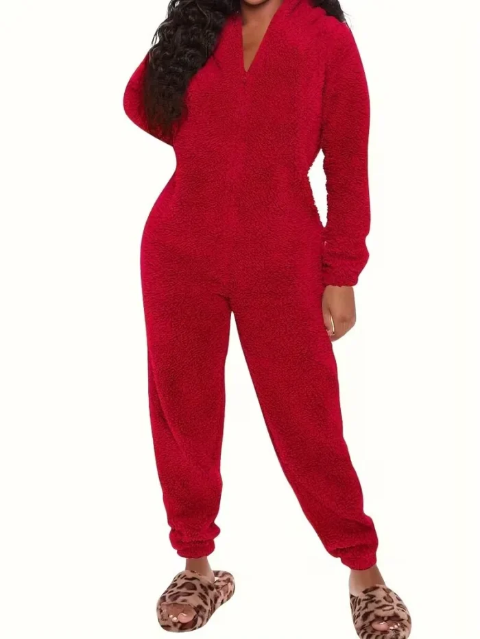 Cozy Fuzzy Hooded Onesie Pajamas for Women – Long Sleeve Zip Up Jumpsuit Sleepwear - Image 36