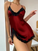 Sexy Criss Cross Backless Silk Satin Slip Dress – Lace Trim V Neck Split Thigh Nightgown Loungewear - Image 20