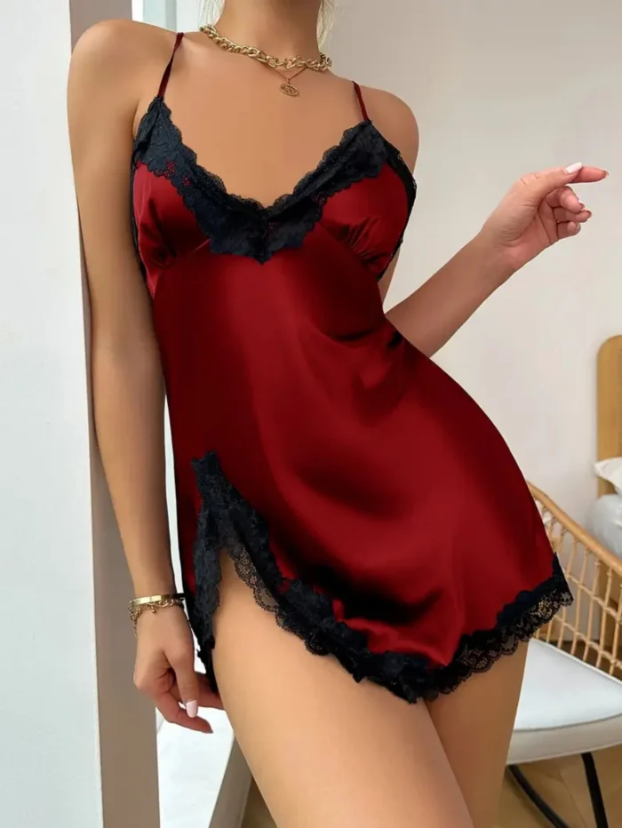 Sexy Criss Cross Backless Silk Satin Slip Dress – Lace Trim V Neck Split Thigh Nightgown Loungewear - Image 20