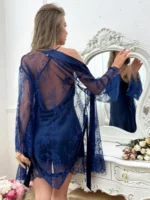 Lace Robe And Satin Slip Dress Sleepwear Set Pajama Set - Image 39