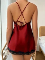 Sexy Criss Cross Backless Silk Satin Slip Dress – Lace Trim V Neck Split Thigh Nightgown Loungewear - Image 21