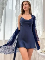 Lace Robe And Satin Slip Dress Sleepwear Set Pajama Set - Image 40