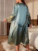 Floral Print Satin Robe with V-Neck and Belt - Image 5