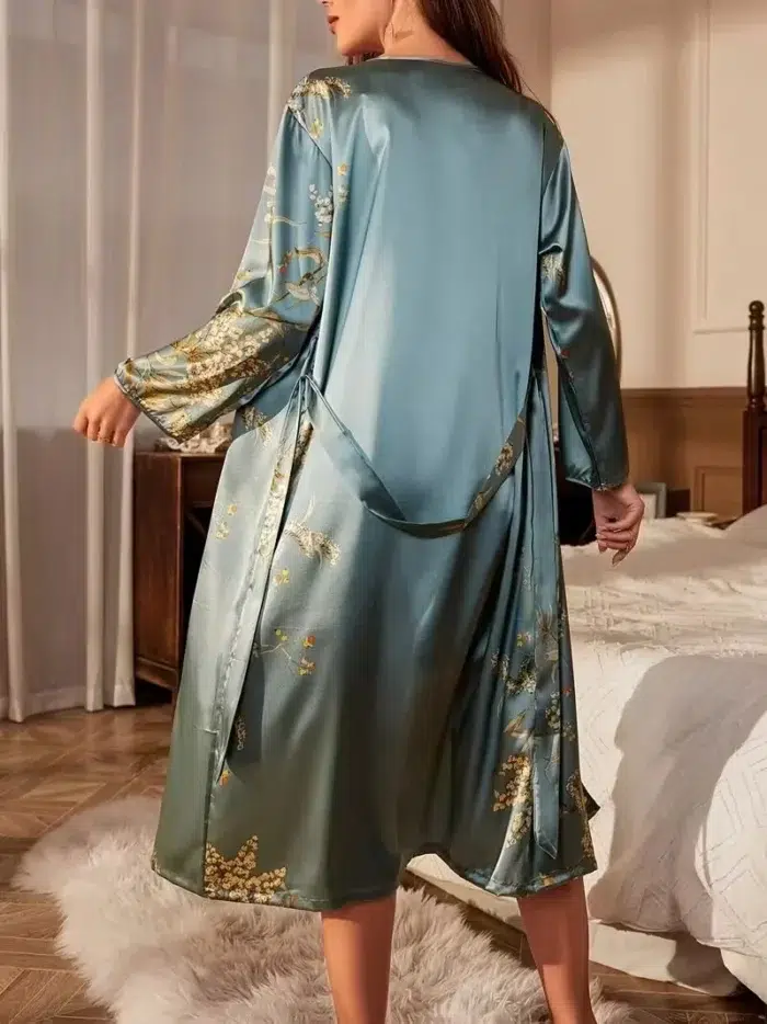 Floral Print Satin Robe with V-Neck and Belt - Image 5