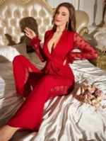 3D Floral Trim Heart Jacquard Splice Sheer Long Sleeve Top And Pants Pajama Set - Image 4