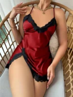 Sexy Criss Cross Backless Silk Satin Slip Dress – Lace Trim V Neck Split Thigh Nightgown Loungewear - Image 22