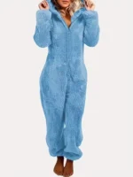 Cozy Fuzzy Hooded Onesie Pajamas for Women – Long Sleeve Zip Up Jumpsuit Sleepwear - Image 42
