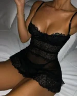 Crochet Lace Sheer Mesh Babydoll with Spaghetti Straps and Panty - Black - Image 5
