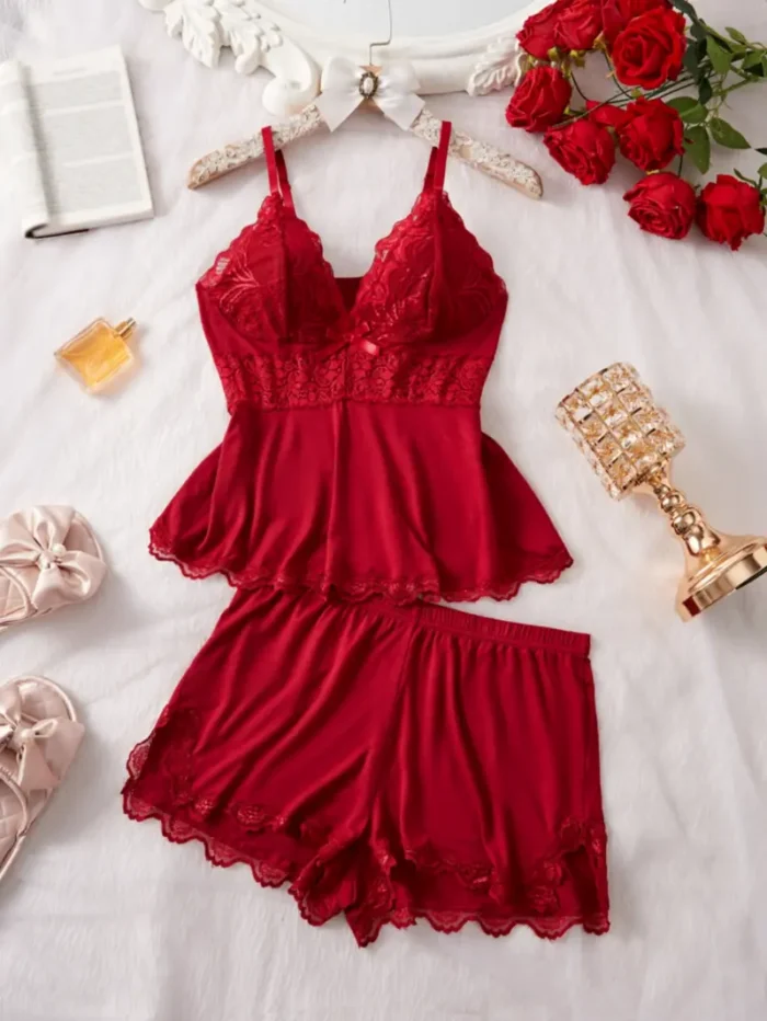 Lace Trim Cami Shorts Set Sexy Lingerie Set - Image 5