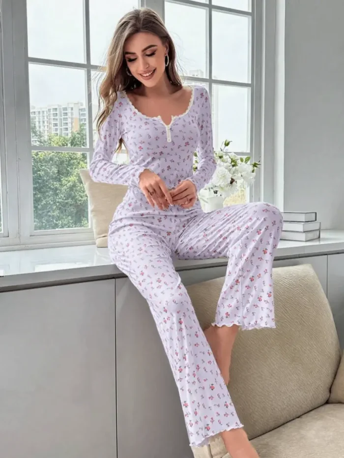 Two-Piece Floral Print Long Sleeve & Pants Pajama Set - Image 5