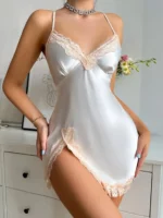 Sexy Criss Cross Backless Silk Satin Slip Dress – Lace Trim V Neck Split Thigh Nightgown Loungewear - Image 14