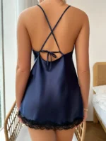 Sexy Criss Cross Backless Silk Satin Slip Dress – Lace Trim V Neck Split Thigh Nightgown Loungewear - Image 25